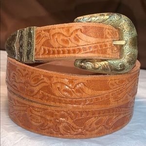 Handmade carve leather belt w/embellished hardware